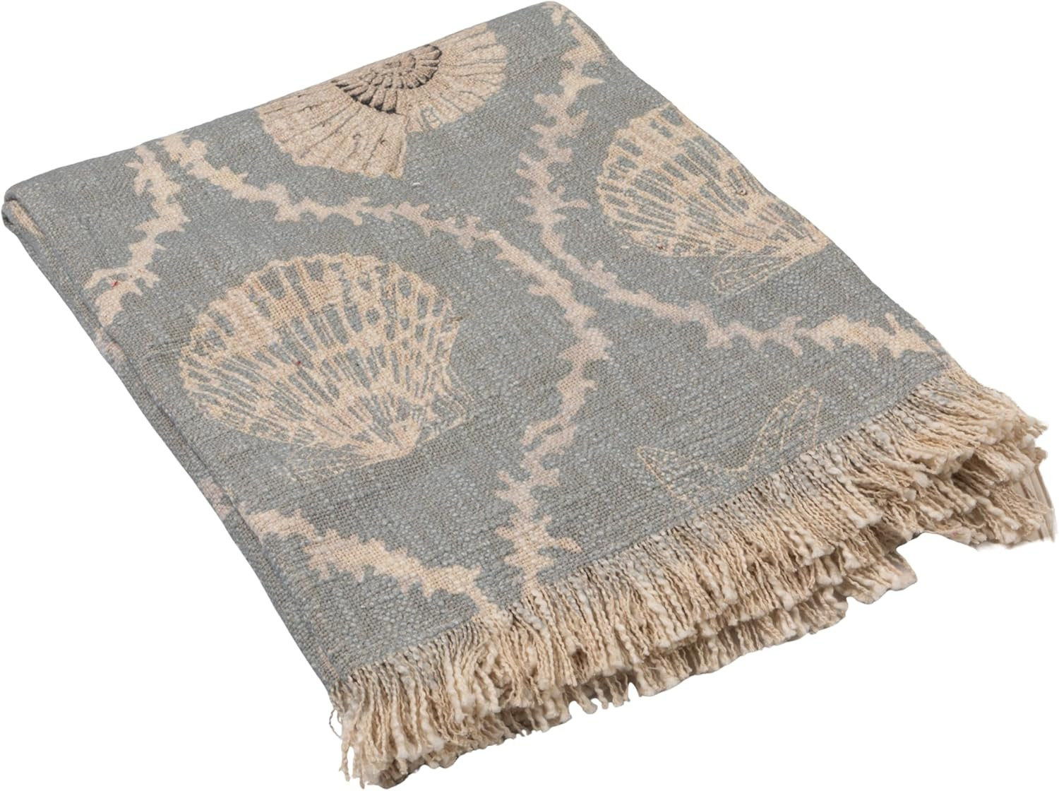 Amazon.com: Creative Co-Op Cotton Slub Throw with Coral and Shells Ogee Pattern, Blue and Natural... | Amazon (US)