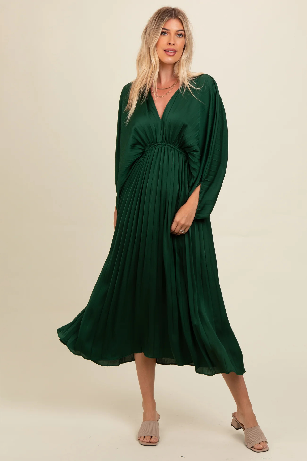 Forest Green Satin Pleated V-Neck Maxi Dress | PinkBlush Maternity