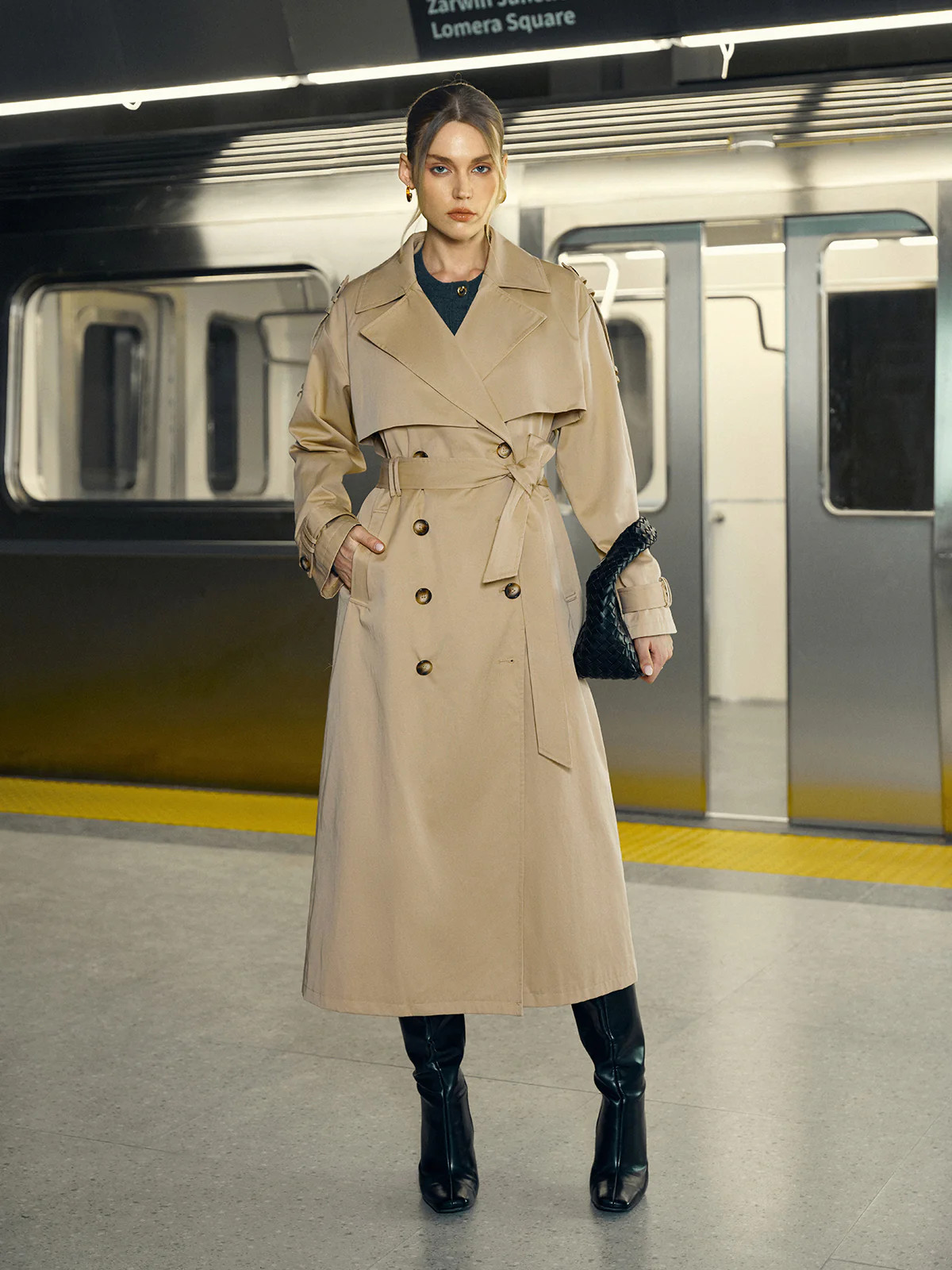 Cotton-Blend Double-Breasted Belted Long Trench Coat | Commense