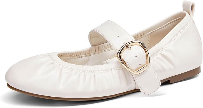 Coutgo Womens Ballet Flats Ruched Round Toe Mary Jane Flats Comfortable Slip On Dressy Shoes | Amazon (US)