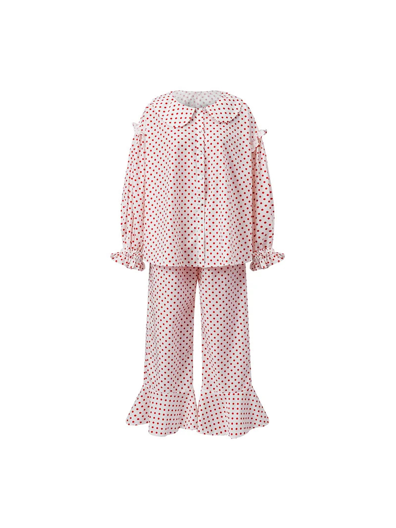 Women's Polka Dot Peter Pan Collar Pajama Set, Ruffled Button-Down Long Sleeve Loungewear, Sweet ... | Walmart (US)