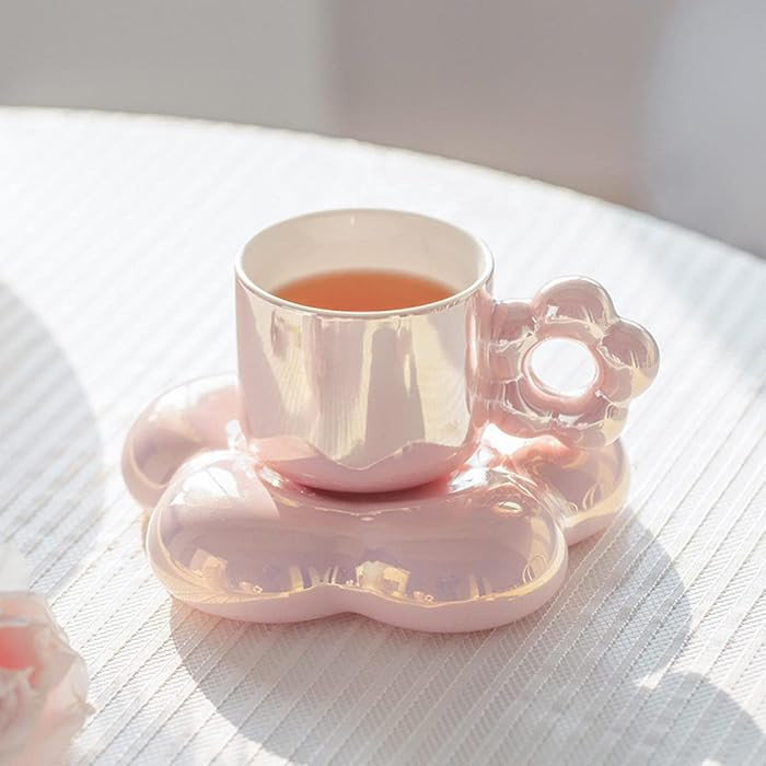VINGAA Aesthetic Mugs,Coffee Cup and Saucer,Cute Mugs with Handle,Creative Coffee Cup with Flower... | Amazon (US)