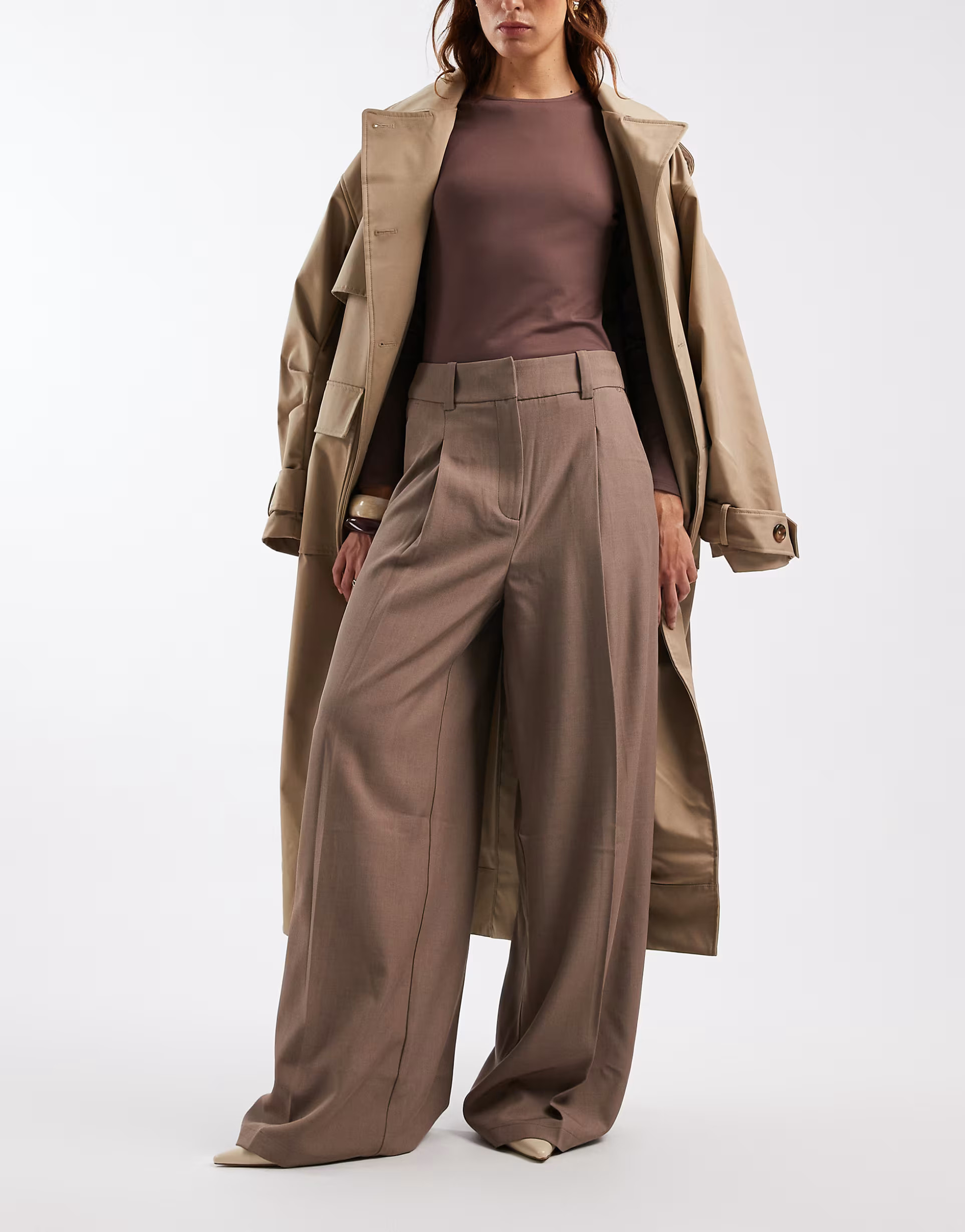 Vero Moda high waisted pleated trousers in warm brown melange | ASOS (Global)