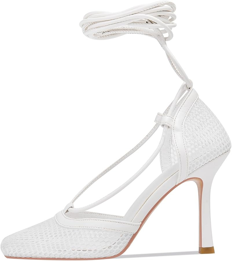 Mesh Heels for Women, Wrap-up Heels Square Toe Stiletto High Heel Strappy Heeled Sandals Sexy Lac... | Amazon (US)