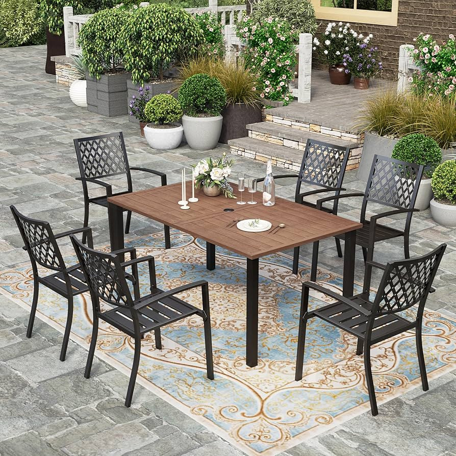 HERA'S HOUSE 7 Pieces Patio Dining Set for 6, 6 x Metal Chair, 1 x Wood Look Large Surface Metal ... | Amazon (US)