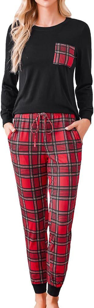 difficort Christmas Pajamas for Women Long Sleeve Pj Set Soft Sleepwear Plaid Pant with Pockets | Amazon (US)