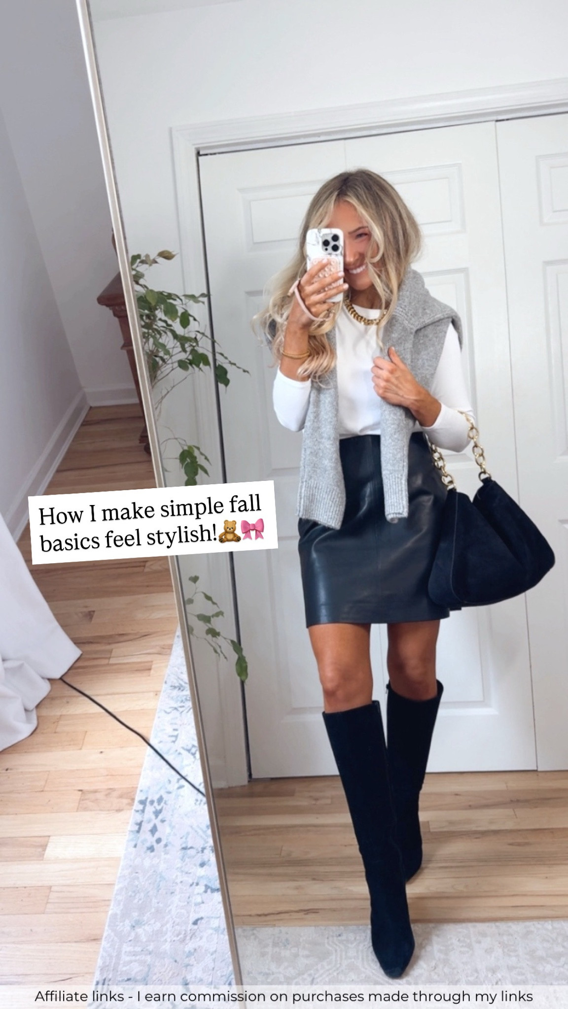 Affiliate links - I earn commission on purchases made through my links

Chic and stylish everyday fall outfits
Plaid white tshirt long sleeve
Black faux leather skirt mini
Black suede knee high boots
Black suede bag