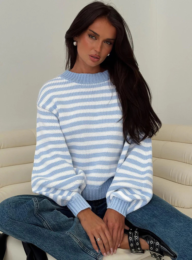 Harmony Balloon Sleeve Knit Sweater Blue / White Stripe | Princess Polly AU