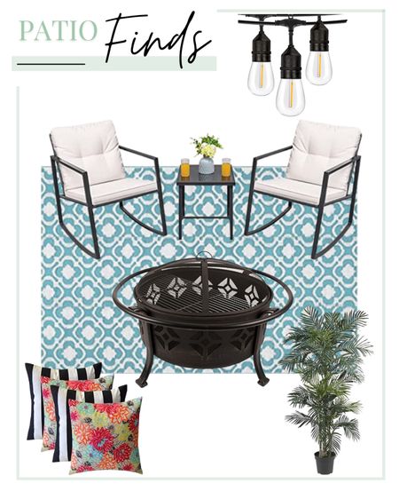Outdoor furniture, patio furniture, accent chairs, side table, fire pit, accent pillows, string lights, area rug, artificial tree 

#LTKSeasonal #LTKHome #LTKStyleTip