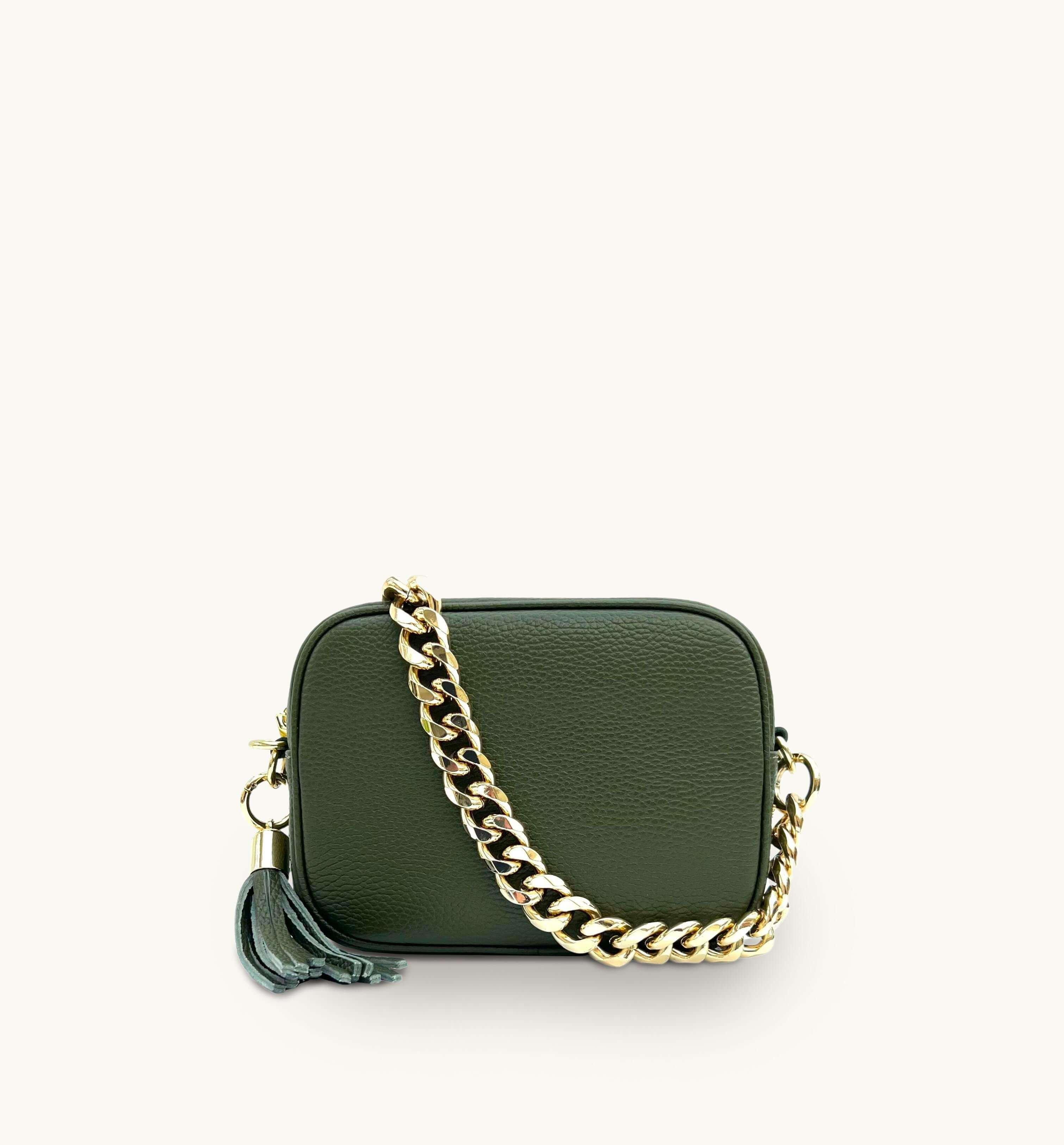 Olive Green Leather Crossbody Bag With Gold Chain Strap | Debenhams UK