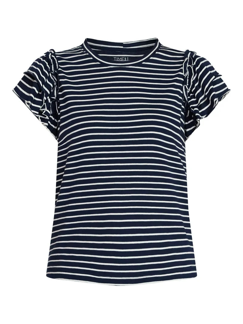 Time and Tru Women's Cotton Crewneck Tee with Ruffle Flutter Sleeves, Sizes XS-XXXL | Walmart (US)