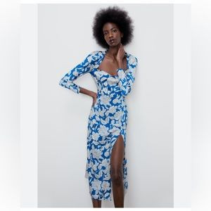 Zara Floral Printed Satin Midi slit dress Long sleeve blue square neck size xs | Poshmark