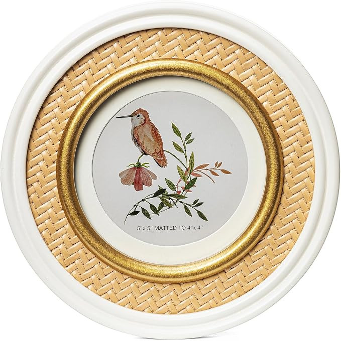 5x5 White & Glod Round Picture Frame with Rattan Trim, Solid Wood with Real Glass, Matted to 4x4,... | Amazon (US)