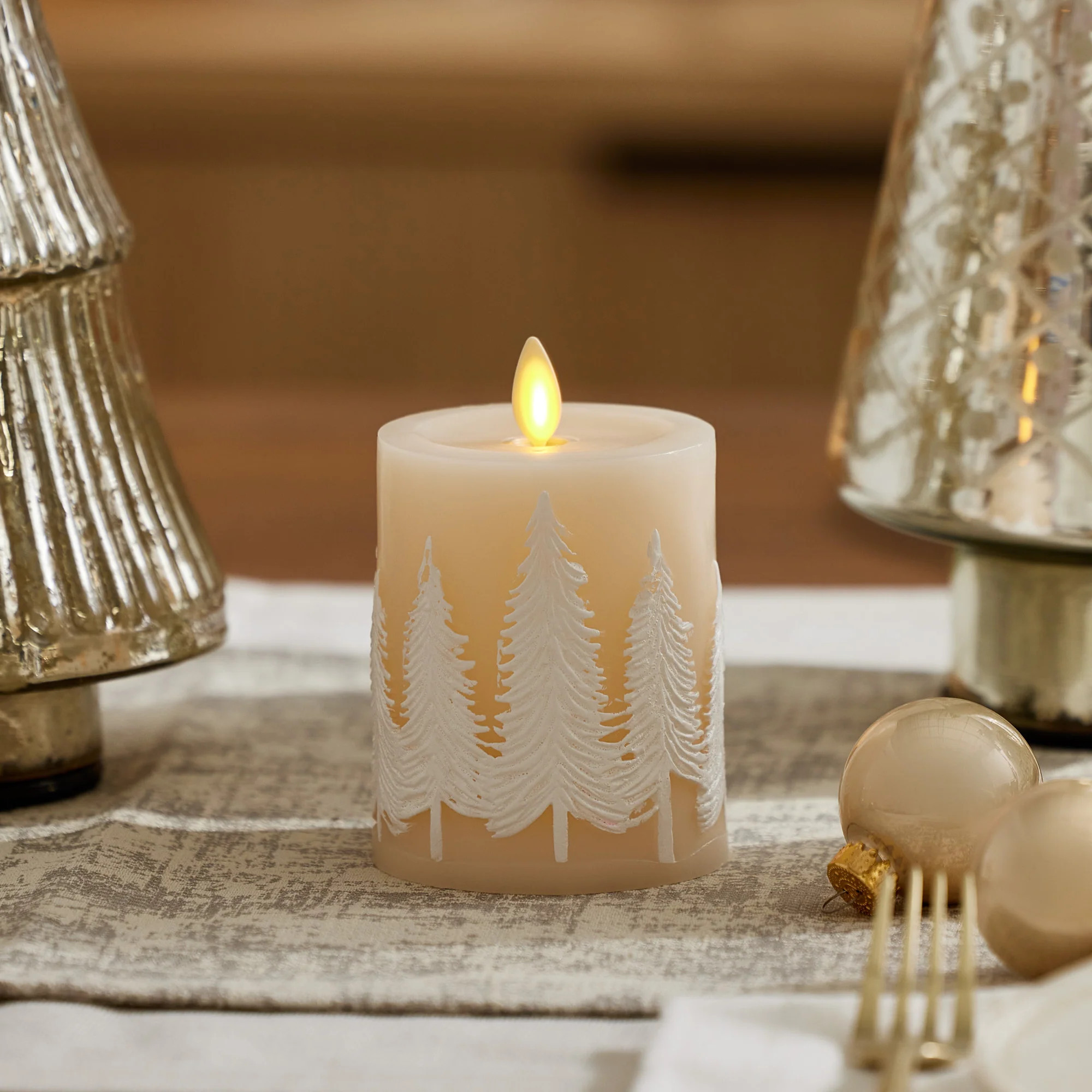 White Swan Embossed Trees Flameless Candle Pillar | Luminara
