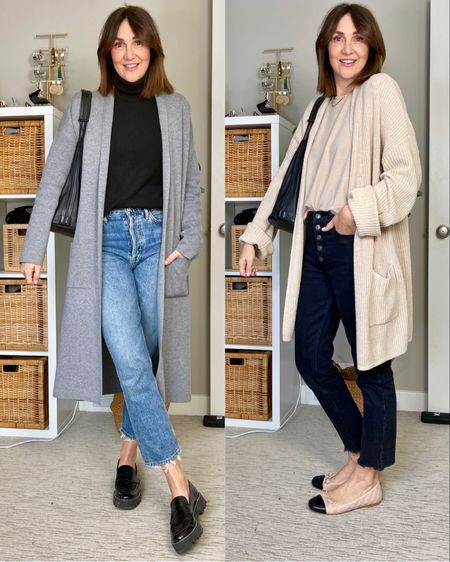 Spring outfit ideas with cardigans as coats:
Left coatigan is from Amazon and I sized up one to M for more room and sleeve length. Wearing M in the fleece turtleneck too. Sized down one size to 26 cause all my other Agolde jeans have stretched with wear but these are still a bit snug, I wish I had gotten my usual size. Loafers fit tts, bag is old.
Beige cardi and jeans are sold out. 
My exact ballet flats fit small, I sized up  a full size. 


#LTKstyletip #LTKSeasonal #LTKshoecrush