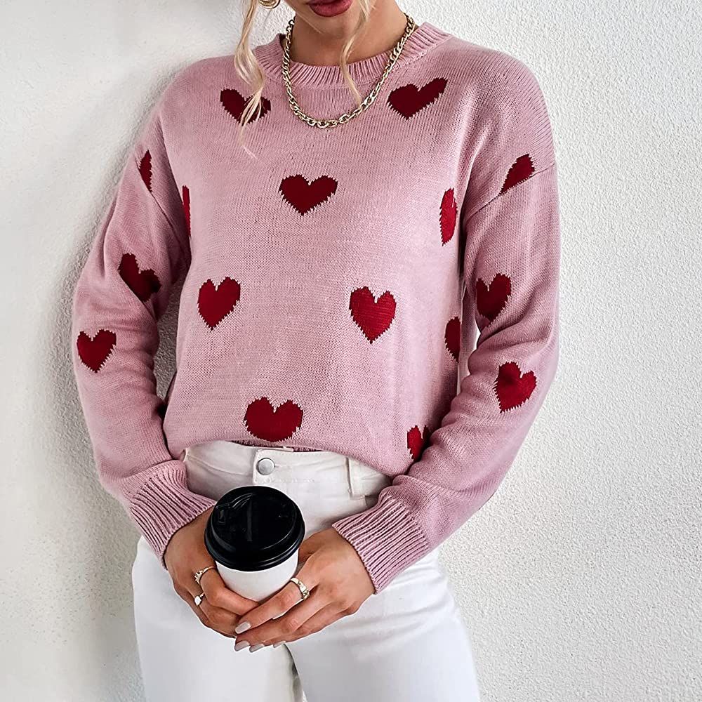 Tangduner Sweet Heart Sweater for Women Crew Neck Valentines Heart Pattern Knitted Outfit Pullovers | Amazon (US)