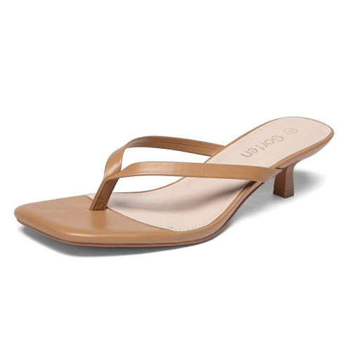 Gorfen Women's Kitten Heel Sandals Square Toe Thong Heels Cushioned Flip Flop Summer Open Back Tan Size 9.5 | Amazon (US)