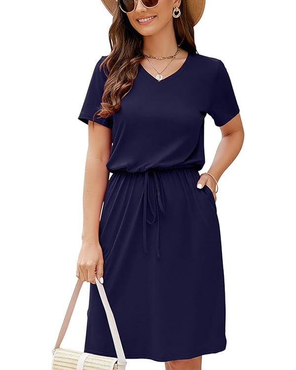 HUSKARY Women Summer Casual Midi Dresses Short Sleeve V Neck Drawstring Knee Length T Shirt Dress... | Amazon (US)
