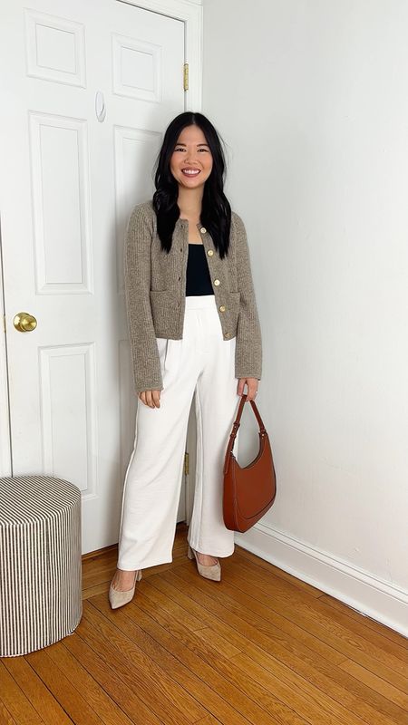 Beige cardigan (XS)
Black tank top  (XS)
White pants  (28P)
Brown bag 
Brown Crescent bag 
Beige suede pumps 
Beige pumps 
Abercrombie outfit 
Neutral outfit 
Spring outfit 
Business casual outfit 
Smart casual outfit 
Teacher outfit