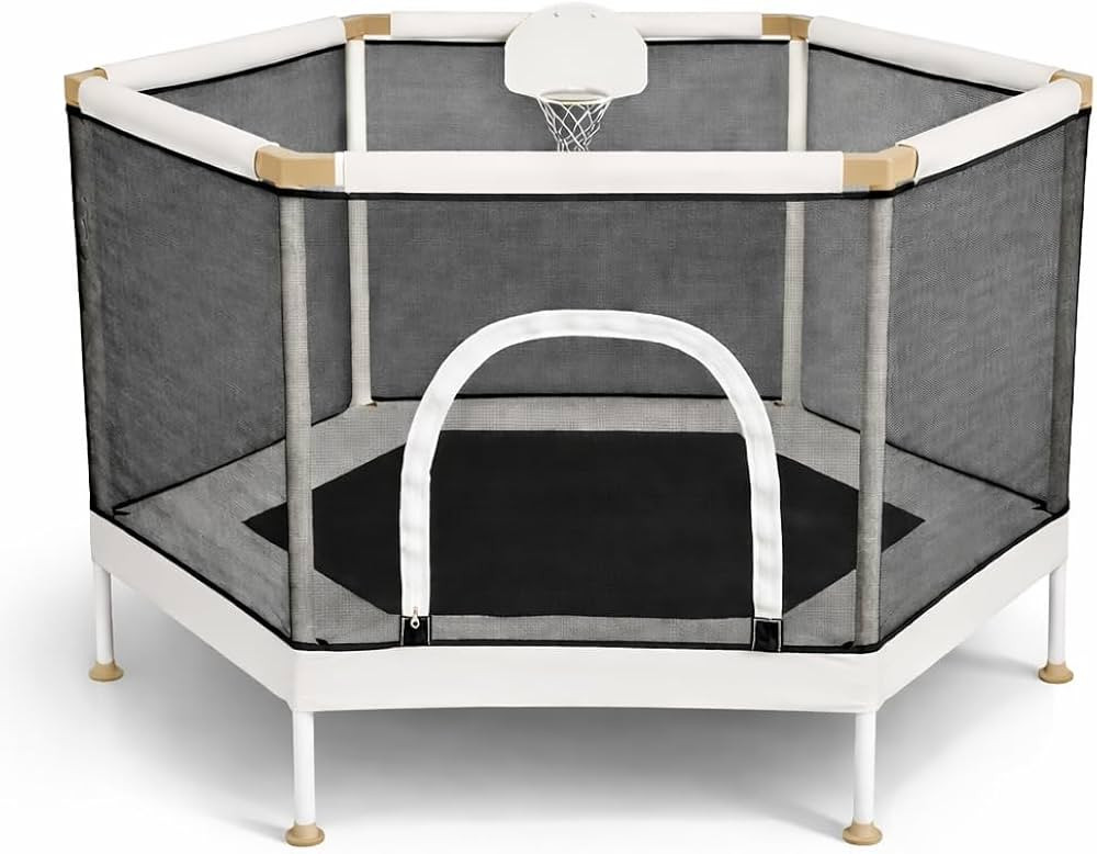Kids Trampoline, Aesthetic Indoor and Outdoor Toddler Trampoline with Safety Net, Basketball Hoop... | Amazon (US)