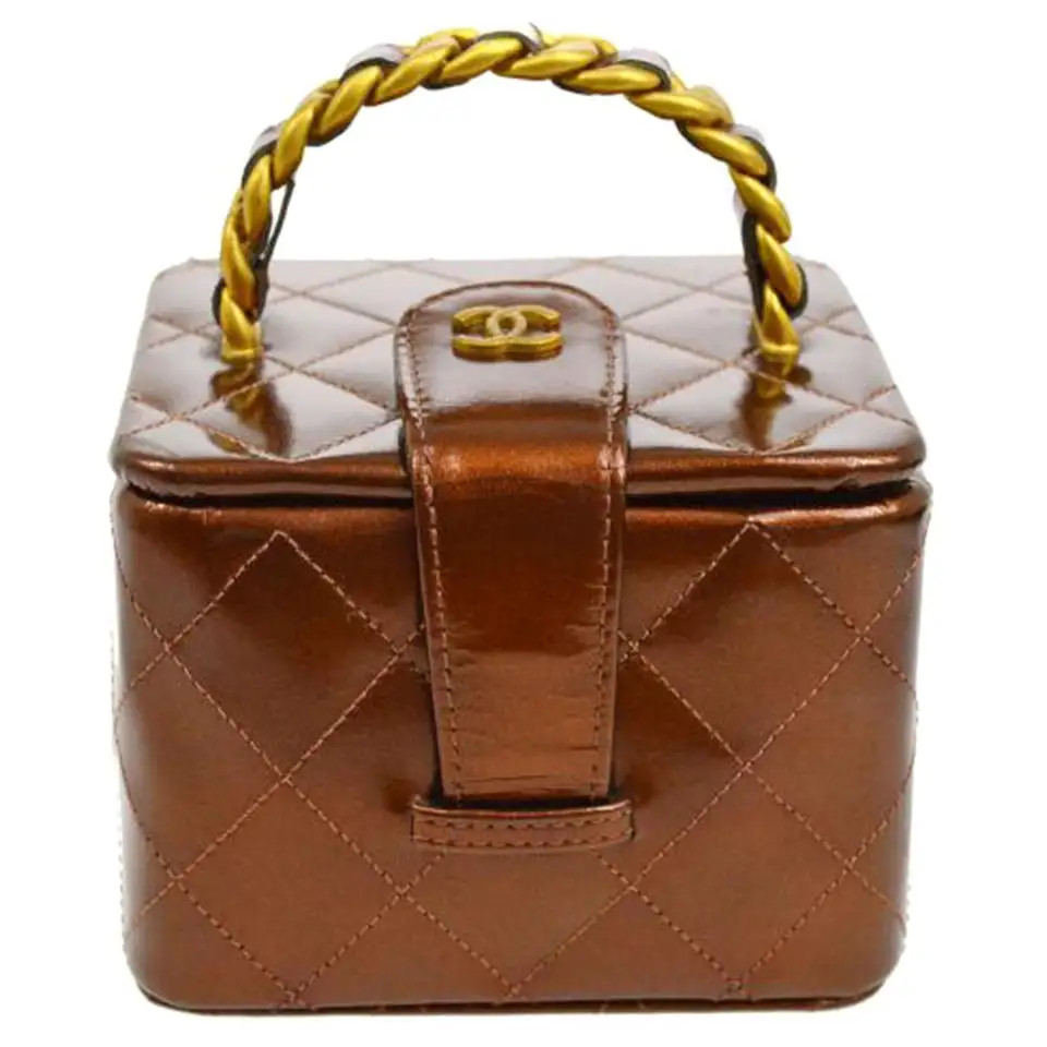 Chanel Vanity Case Micro Mini 90s Vintage Iridescent Bronze Rare Patent Clutch | 1stDibs