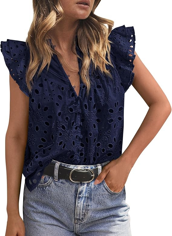 PRETTYGARDEN Womens Summer Tops 2025 Dressy Casual Ruffle Cap Sleeve Button V Neck Embroidered Ey... | Amazon (US)