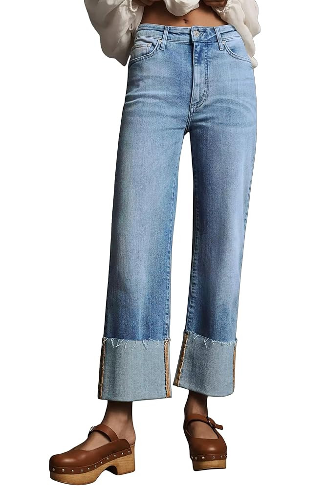 Lesore Womens High Waist Wash Denim Wide Leg Straight Leg Jeans Pants with Cuffed Hem | Amazon (US)