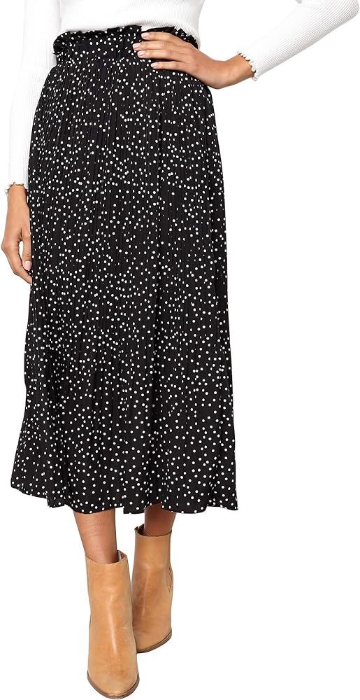 Adogirl Womens Polka Dot Midi Skirt Elastic Waist Pleated Maxi Skirt | Amazon (US)