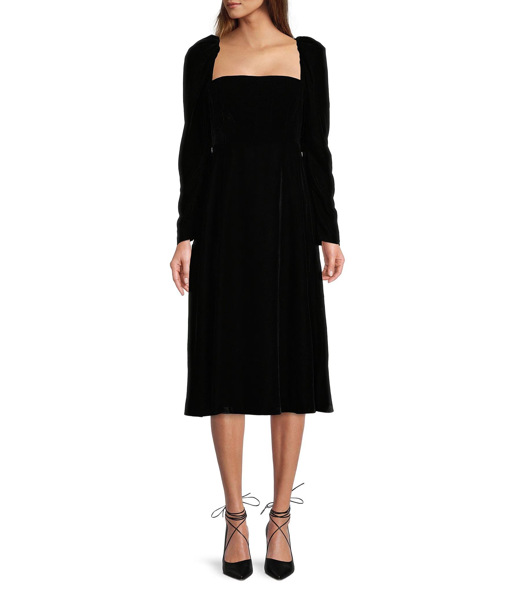 MacKenzie Square Neck Long Sleeve Velvet A-Line Midi Dress | Dillard's