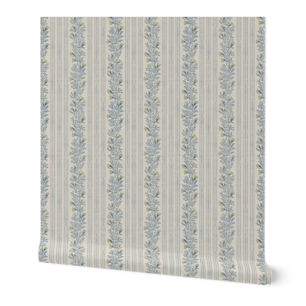 Wallpaper in Japandi Farmhouse Nouveau floral vine stripe in Moss Green And Dusty Blue | Spoonflower