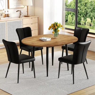 Table And Chair Set.Modern Extendable Wood MDF Dining Table.Suitable For Gatherings Of Different Size.Paried With Black PU Chairs With A Vertical Stri | Wayfair North America