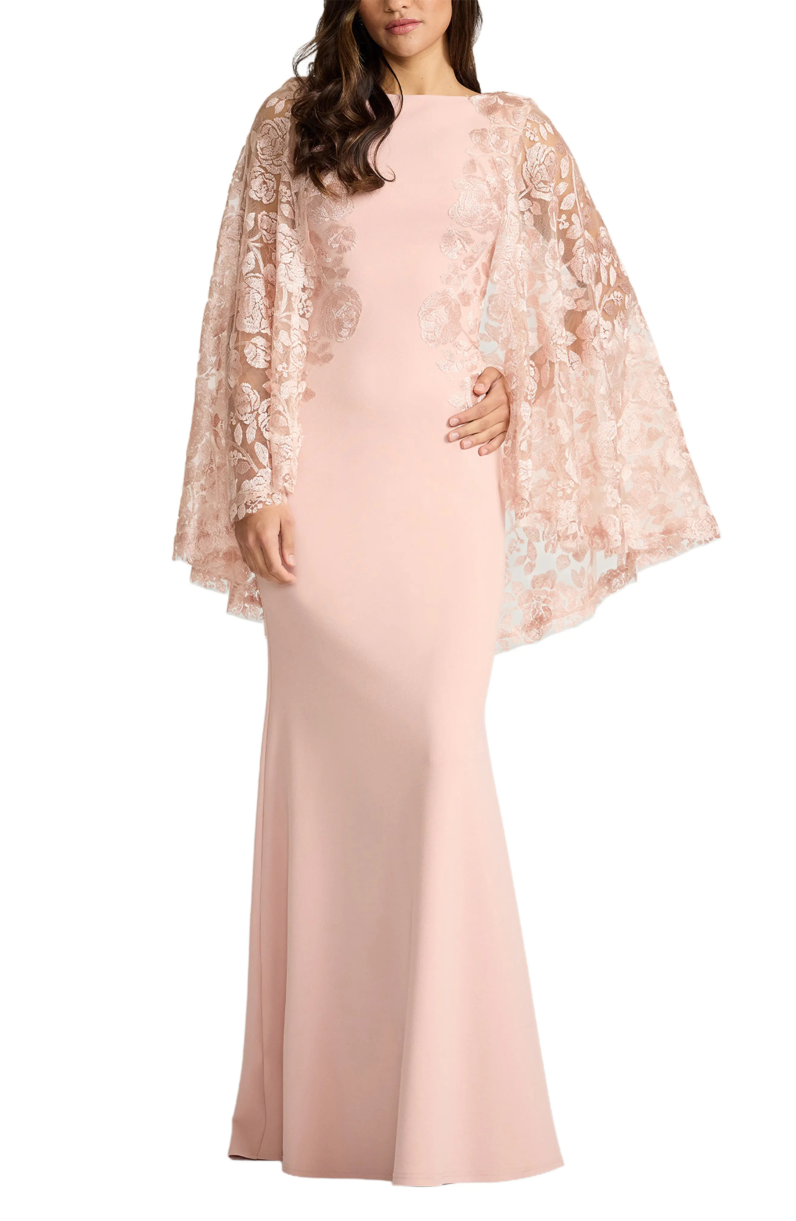 Tadashi Shoji Embroidered Capelet Long Sleeve Gown (Women) | Nordstrom | Nordstrom
