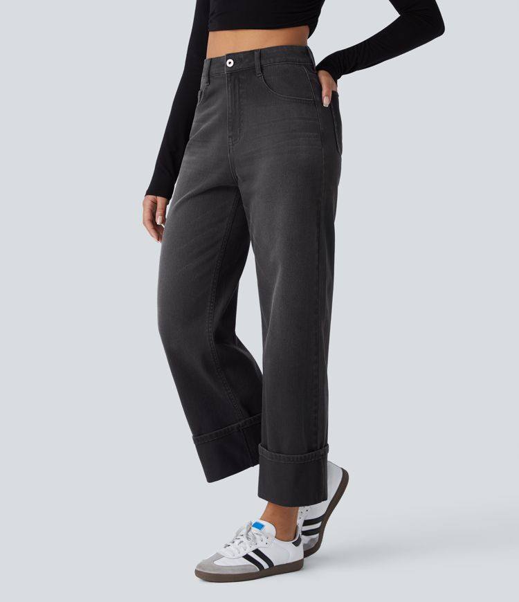 Women’s Halara Flex™ High Waisted Multiple Pockets Rolled Hem Wide Leg Washed Stretchy Knit C... | HALARA