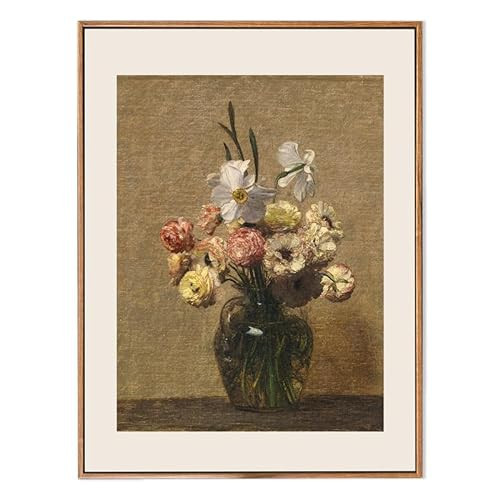 LARAGE Vintage Flower Oil Painting Framed Canvas Wall Art,Renoncules et Narcisses Wall Decor,Vintage Art Prints Wall Decor for Living room Bedroom Home Office Decor,12x16IN Natural Framed | Amazon (US)
