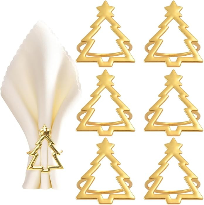 Set of 6 Gold Napkin Holder Christmas Tree Napkins Rings for Christmas Dinning Table,Wedding,Than... | Amazon (US)