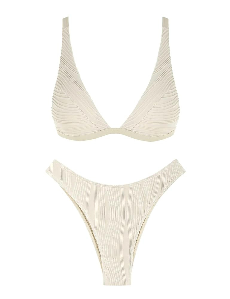 ZAFUL Women's Sexy Two Piece Swimwear Textured Triangle Plunging Neck High Cut Cheeky Bikini Set ... | Amazon (US)