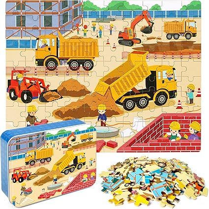 LELEMON 100 Pieces Jigsaw Puzzles in a Metal Box for Kids Age for 4-8 Boys Girls Toy Puzzles Cons... | Amazon (US)