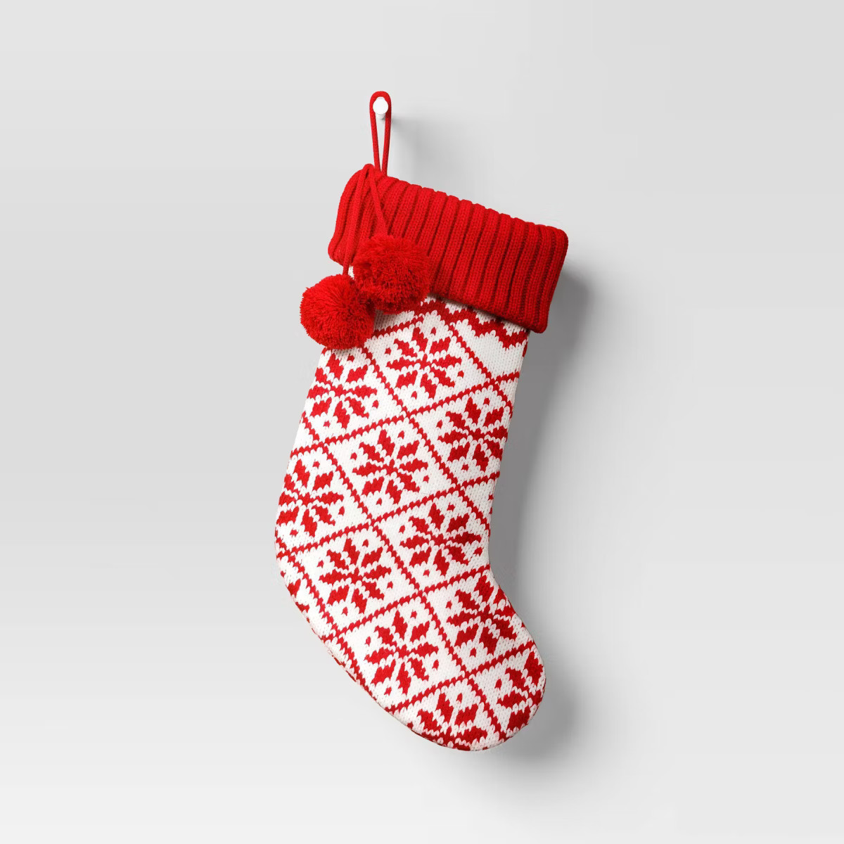 20" Knit Fair Isle Snowflakes Christmas Stocking with Pom Poms Red/White - Wondershop™ | Target