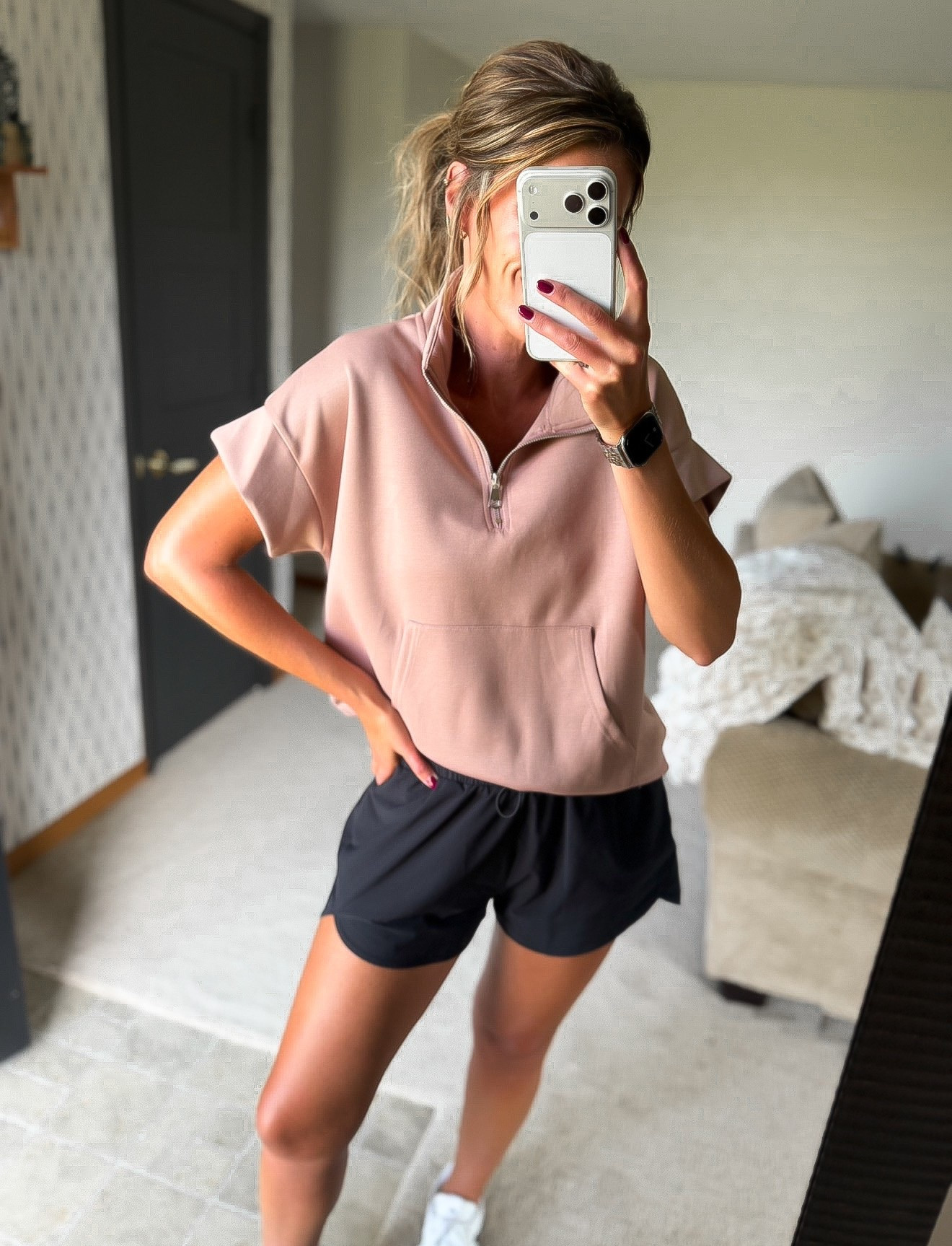 Casual athleticwear outfit. 
Top/small
Shorts/ medium (built in briefs)

#LTKSeasonal #LTKActive #LTKmomlife