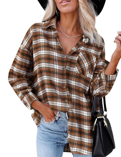 HOTOUCH Fall Checkered Blouse Womens Soft Flannel Plaid Shirts Oversized Collared Button Up Lightweight Shacket Tops Brown XL | Amazon (US)