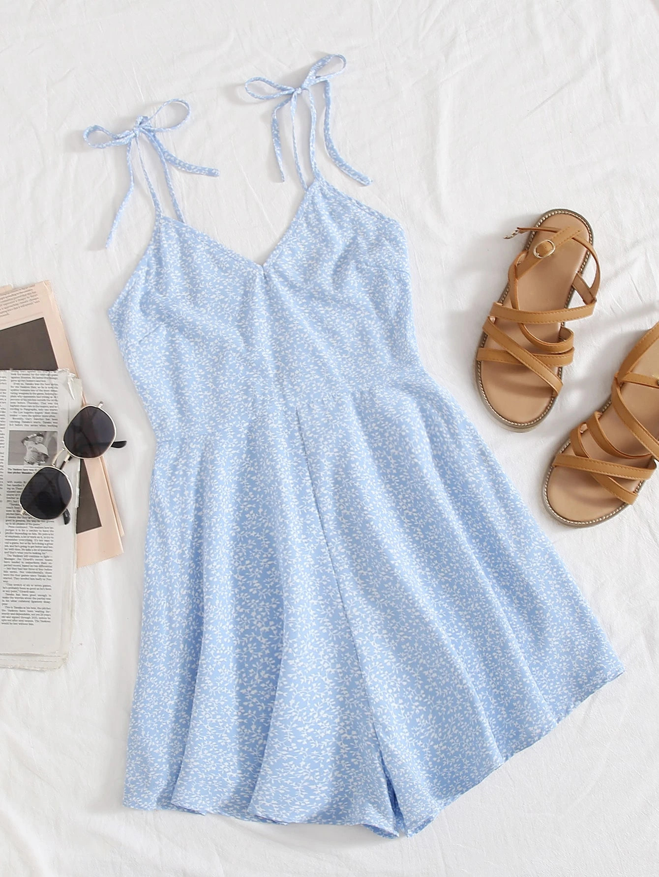 SHEIN Tie Shoulder Shirred Back Allover Plants Cami Romper | SHEIN