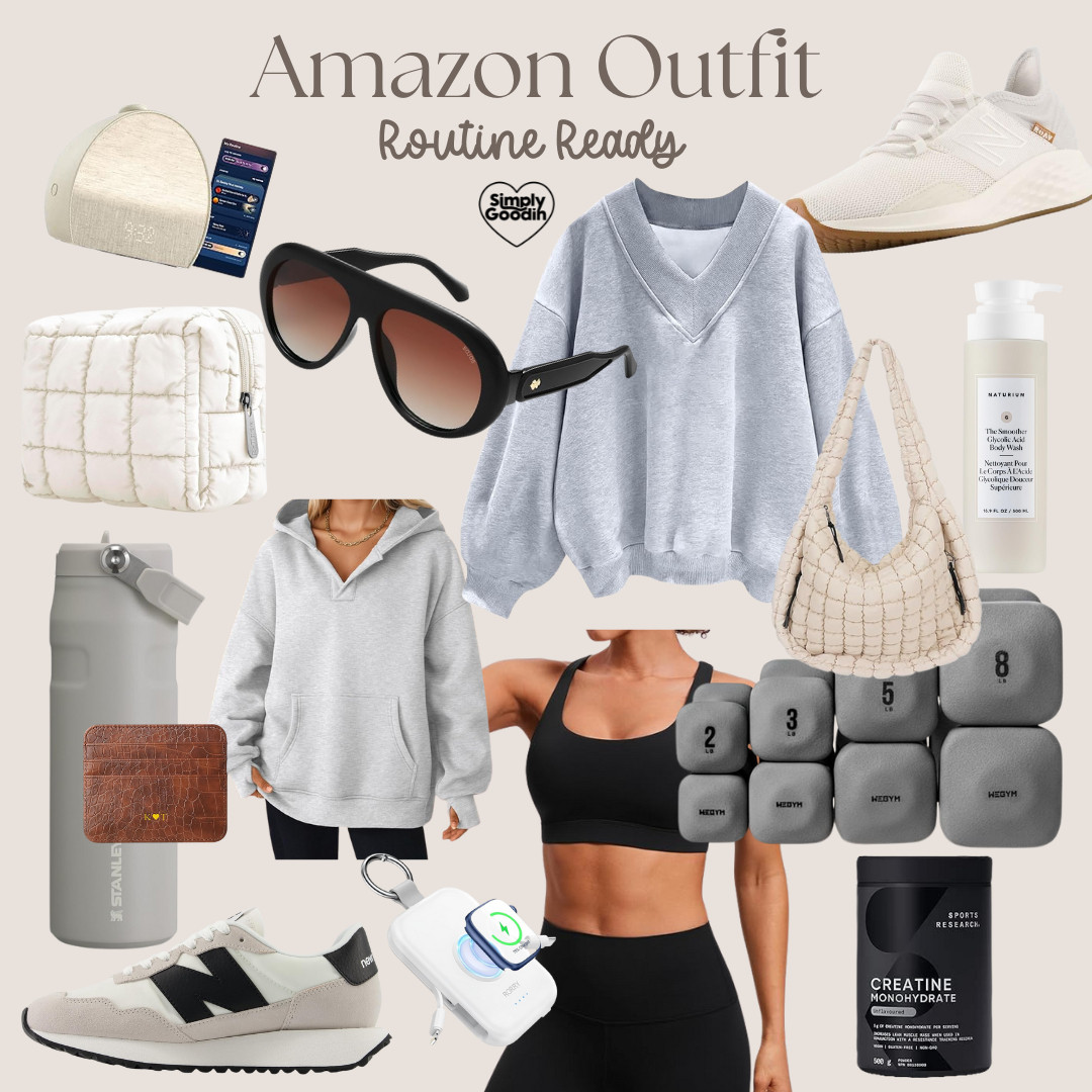This is my go-to Amazon routine outfit for real life: walking, gym days, errands, and getting back into consistent habits. These are the pieces that make daily routines easier to stick to, especially during a realistic New Year reset.

✔ comfortable Amazon athleisure for women
✔ supportive sports bra for walking + workouts
✔ neutral sneakers for everyday wear and gym sessions
✔ oversized sweatshirt + hoodie for layering
✔ crossbody bag + quilted pouch for on-the-go life
✔ Stanley water bottle for hydration habits
✔ dumbbells + creatine for strength training routines
✔ simple skincare for post-workout + night routines

Perfect for 75 Soft / 75 Medium style challenges, habit stacking, and building consistency without burnout. These are the kind of Amazon finds women over 40 actually wear and use while working toward realistic fitness and wellness goals. 

 #LTKcanada #LTKwinter #LTKmidsize