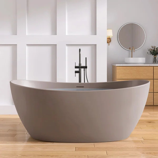 65'' Freestanding Bathtub Solid Surface Deep Soaking Tubs Double Slippers | Birch Lane