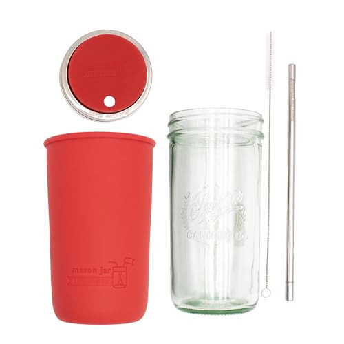 Mason Jar Lifestyle Wide Mouth 24oz Pint & Half Glass Mason Jar Water Bottle Travel Tumbler with Silicone Sleeve, Straw Lid, ans Stainless Steel Straw (Cherry Red) | Amazon (US)