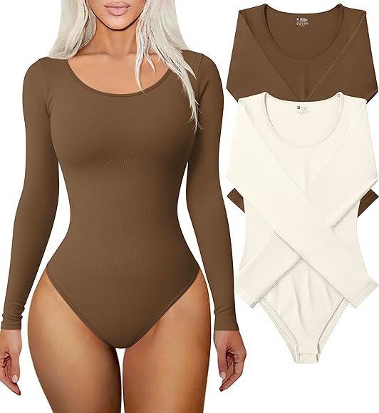 TOB Women's 2 Piece Bodysuits Sexy Ribbed Long Sleeve Round Neck Stretch Tops Bodysuits | Amazon (US)