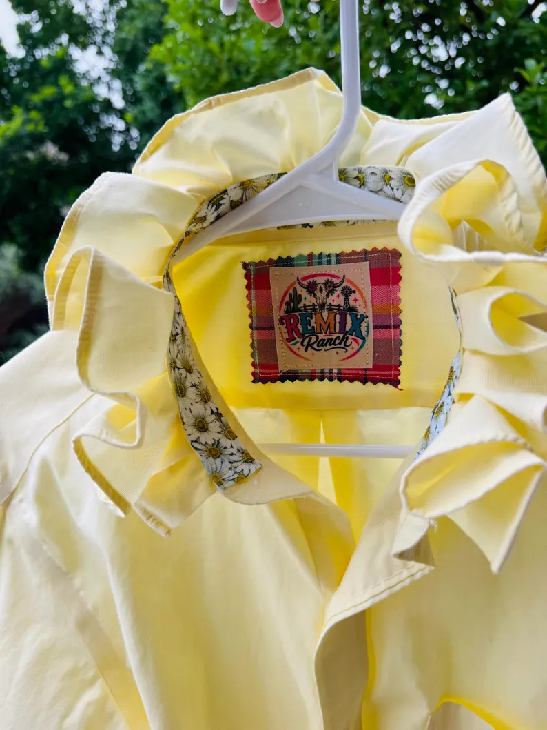 Upcycled Light Yellow Men\u2019s L Ruffle Shirt With Pretty Daisy Floral Ribbon Trim, Finished He... | Etsy (Global)