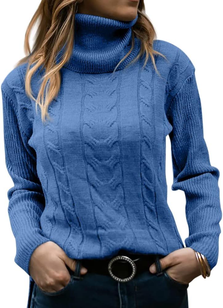 Womens Turtleneck Sweaters Long Sleeve Pullover Cable Knit Sweaters Soft Jumper | Amazon (US)