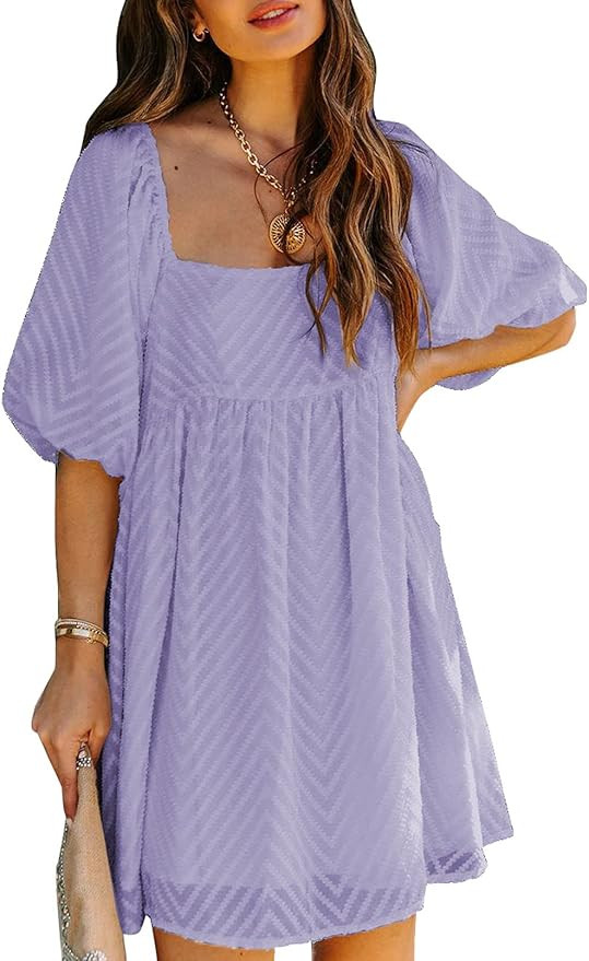 Dokotoo Womens Summer Dress Square Neckline Textured Puff Sleeve Chiffon Mini Dresses | Amazon (US)