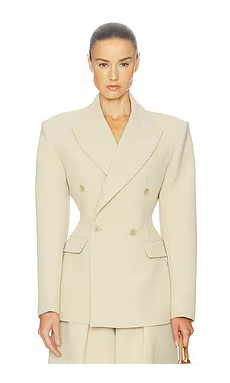 Helsa The Double Breasted S Curve Jacket in Very Heavy Crepe in Wheat from Revolve.com | Revolve Clothing (Global)