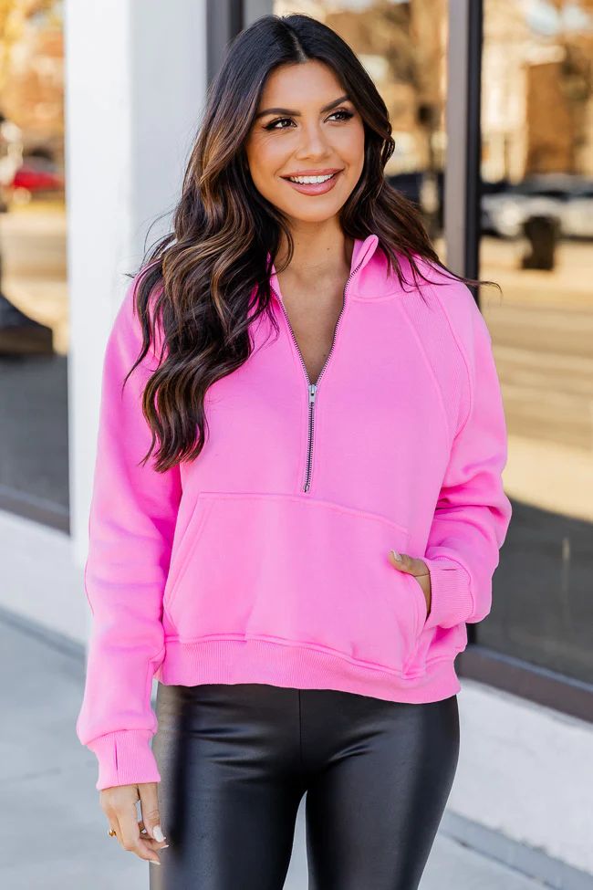 Making It Look Easy Hot Pink Ribbed Shoulder Quarter Zip Pullover | Pink Lily